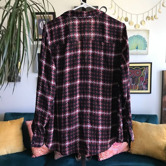 EXPRESS size L Burgundy Black & White Houndstooth Chiffon Blouse Top - Picture 4 of 4
